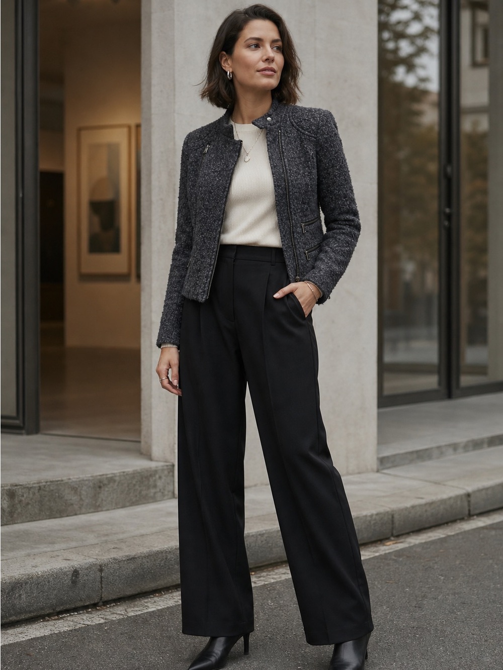 🩶 Banana Republic Boucle Moto Jacket Asymmetrical Zip Blazer - 0 Petite